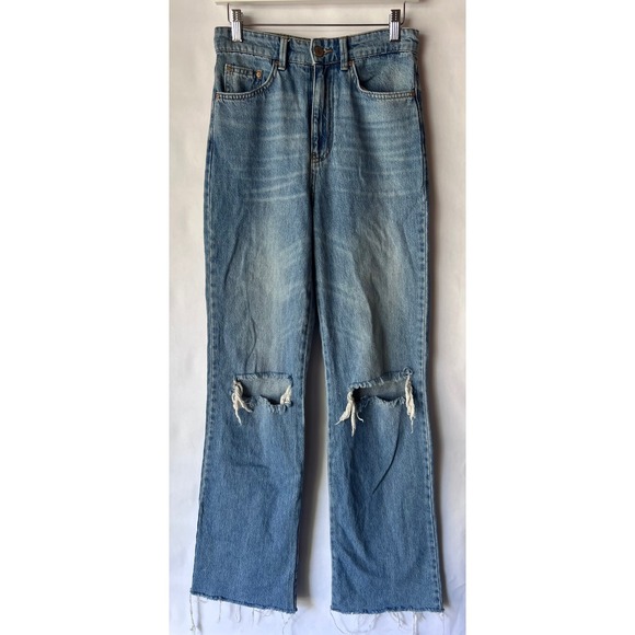 Stradivarius Long Straight Fit Ripped Knee Jeans Distressed Light Wash Denim - Picture 1 of 11